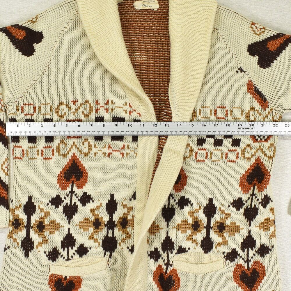 Vintage 70s JCPenney Heart Cardigan Shawl Collar Cowichan Floral Hippie Boho L - Picture 7 of 7